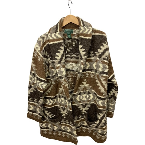 Ralph Lauren Hand Knit 100% Wool Aztec Southwestern open front sweater pockets - Picture 3 of 6